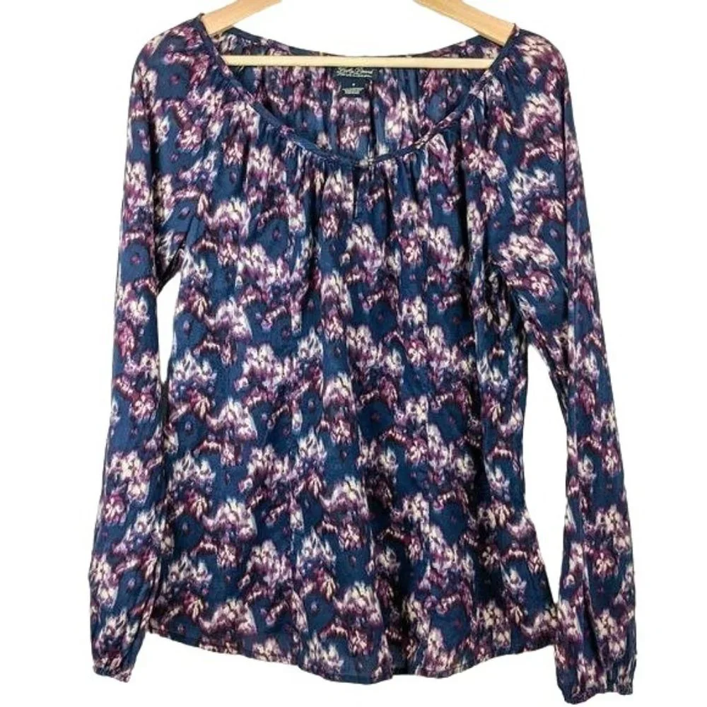 Lucky Brand Popover Blouse Size S Womens Long Sleeve Round Neck Purple Abstract